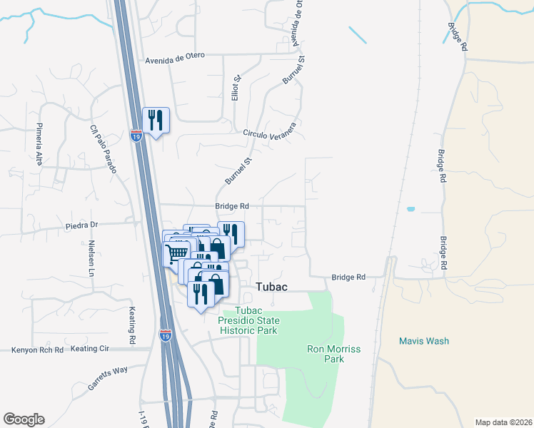 map of restaurants, bars, coffee shops, grocery stores, and more near 35 Bridge Road in Tubac