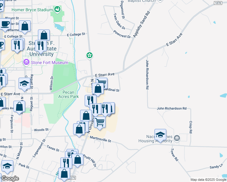 map of restaurants, bars, coffee shops, grocery stores, and more near 1717 Cardinal Street in Nacogdoches