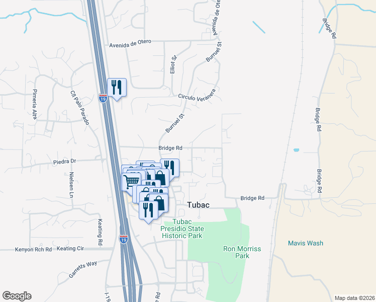 map of restaurants, bars, coffee shops, grocery stores, and more near 35 Bridge Road in Tubac