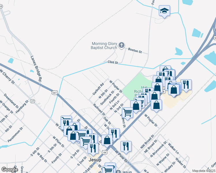 map of restaurants, bars, coffee shops, grocery stores, and more near 509 North 5th Street in Jesup