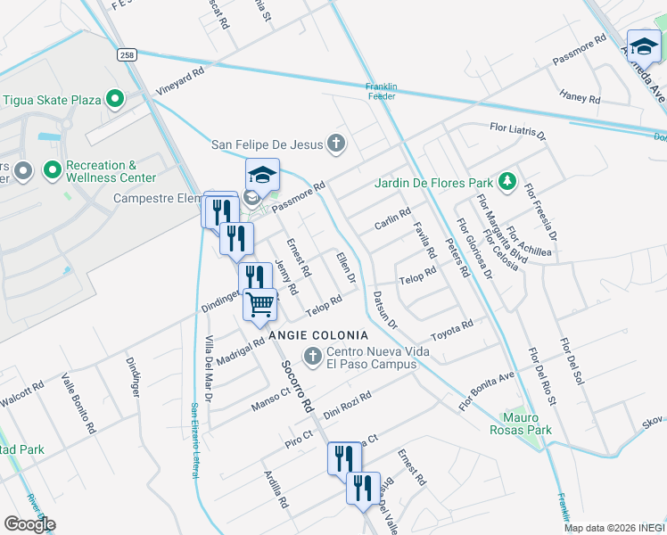 map of restaurants, bars, coffee shops, grocery stores, and more near 11534 Ellen Drive in Socorro