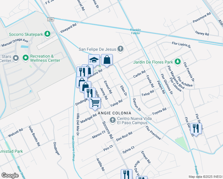 map of restaurants, bars, coffee shops, grocery stores, and more near 11501 Ernest Road in Socorro