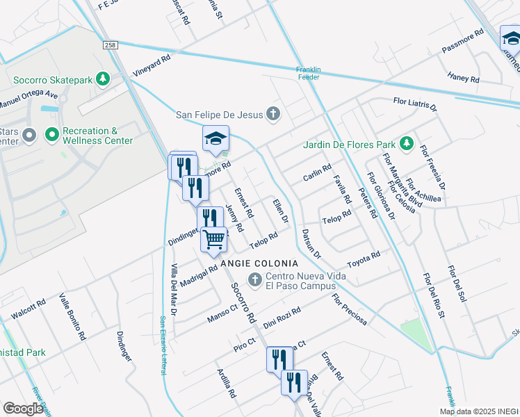 map of restaurants, bars, coffee shops, grocery stores, and more near 11501 Ernest Road in Socorro