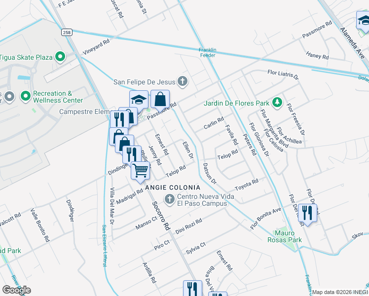 map of restaurants, bars, coffee shops, grocery stores, and more near 11534 Ellen Drive in Socorro