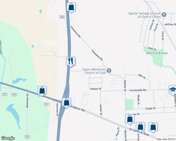 map of restaurants, bars, coffee shops, grocery stores, and more near 1329 Sandia Street in Nacogdoches