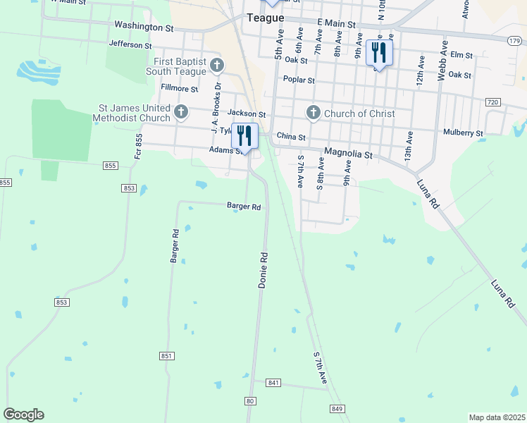 map of restaurants, bars, coffee shops, grocery stores, and more near 900 Farm to Market 80 in Teague