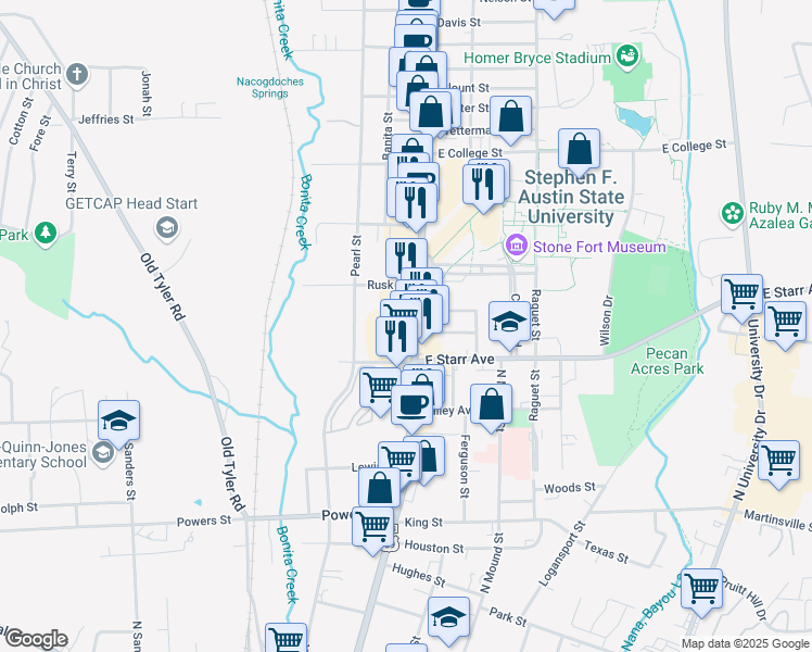 map of restaurants, bars, coffee shops, grocery stores, and more near 1605 North Street in Nacogdoches