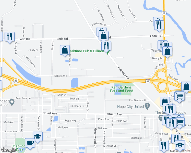 map of restaurants, bars, coffee shops, grocery stores, and more near 1807 Schley Avenue in Albany