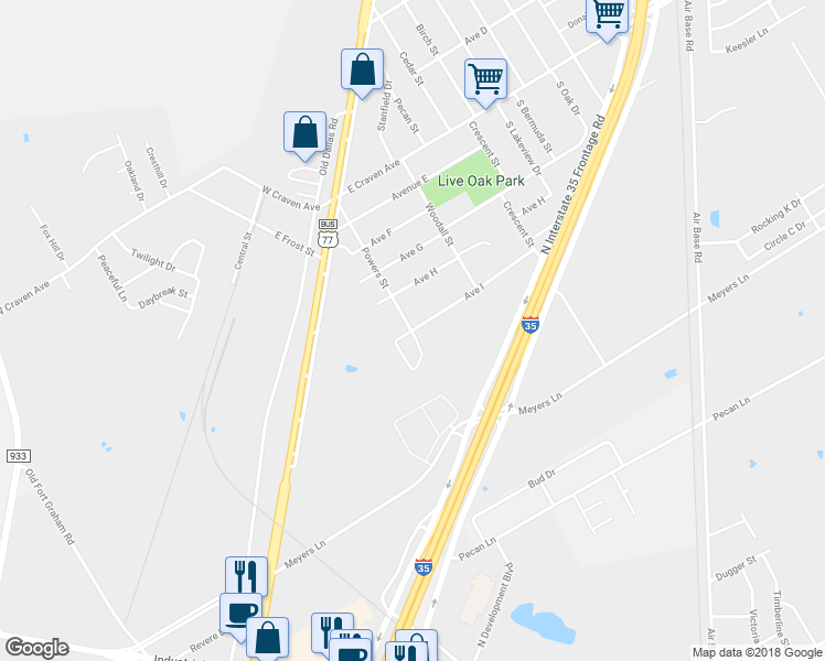 map of restaurants, bars, coffee shops, grocery stores, and more near 35 Avenue I in Waco