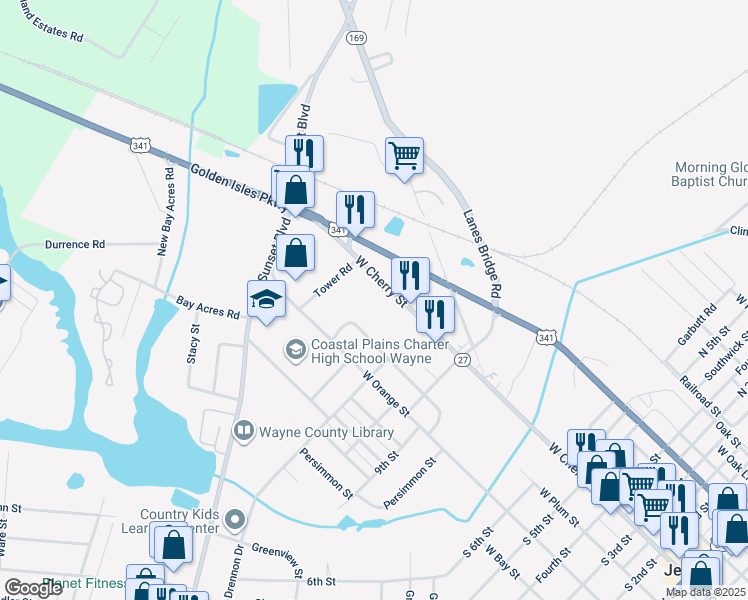 map of restaurants, bars, coffee shops, grocery stores, and more near 1311 West Cherry Street in Jesup