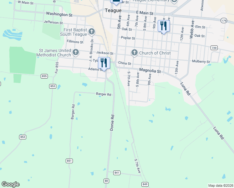 map of restaurants, bars, coffee shops, grocery stores, and more near 900 Farm to Market 80 in Teague