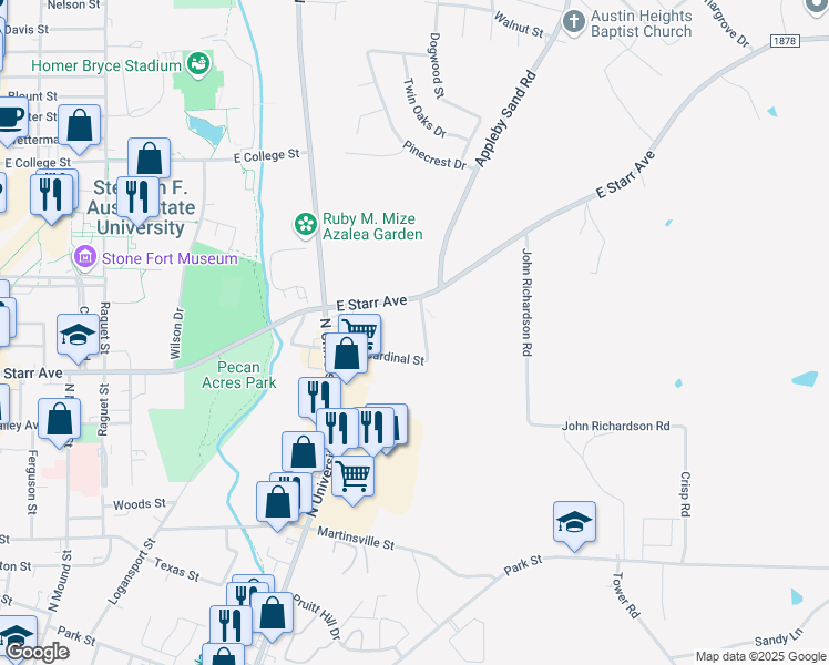 map of restaurants, bars, coffee shops, grocery stores, and more near 1717 Cardinal Street in Nacogdoches