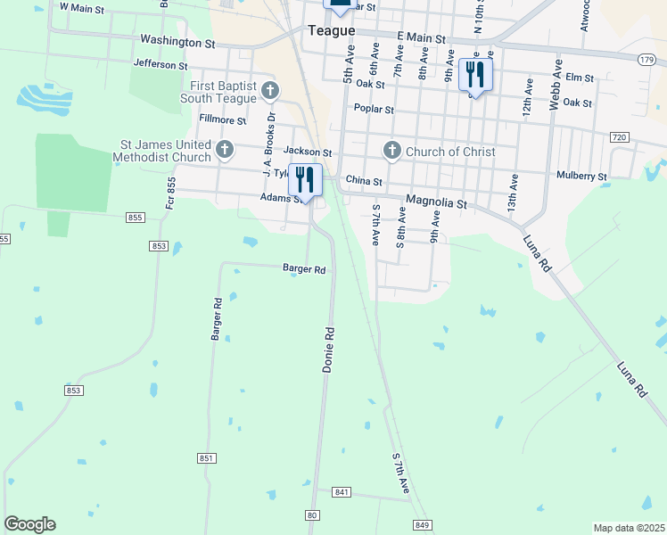 map of restaurants, bars, coffee shops, grocery stores, and more near 900 Farm to Market 80 in Teague