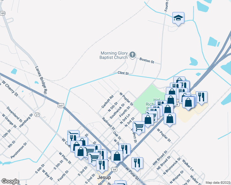map of restaurants, bars, coffee shops, grocery stores, and more near 509 North 5th Street in Jesup