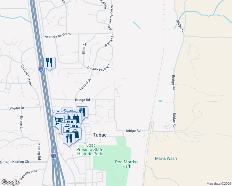 map of restaurants, bars, coffee shops, grocery stores, and more near 50 Bridge Road in Tubac