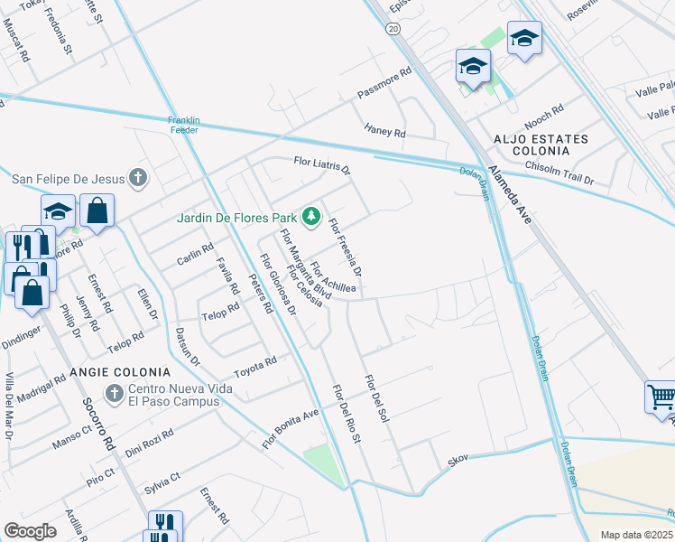 map of restaurants, bars, coffee shops, grocery stores, and more near 252 Flor Iris in Socorro