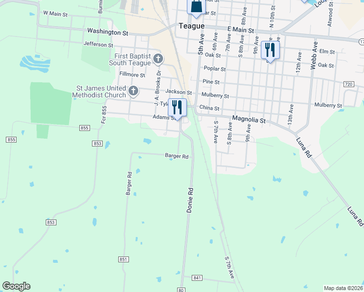 map of restaurants, bars, coffee shops, grocery stores, and more near 907 B T Washington Avenue in Teague