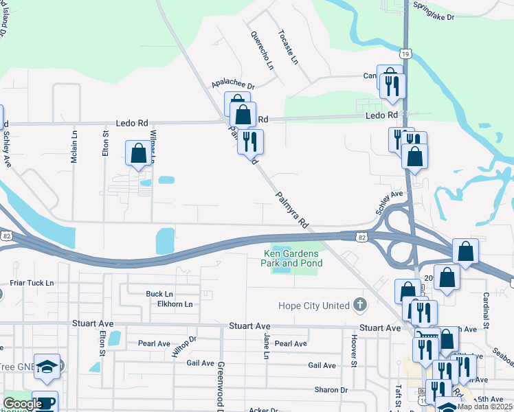 map of restaurants, bars, coffee shops, grocery stores, and more near 1603 Schley Avenue in Albany