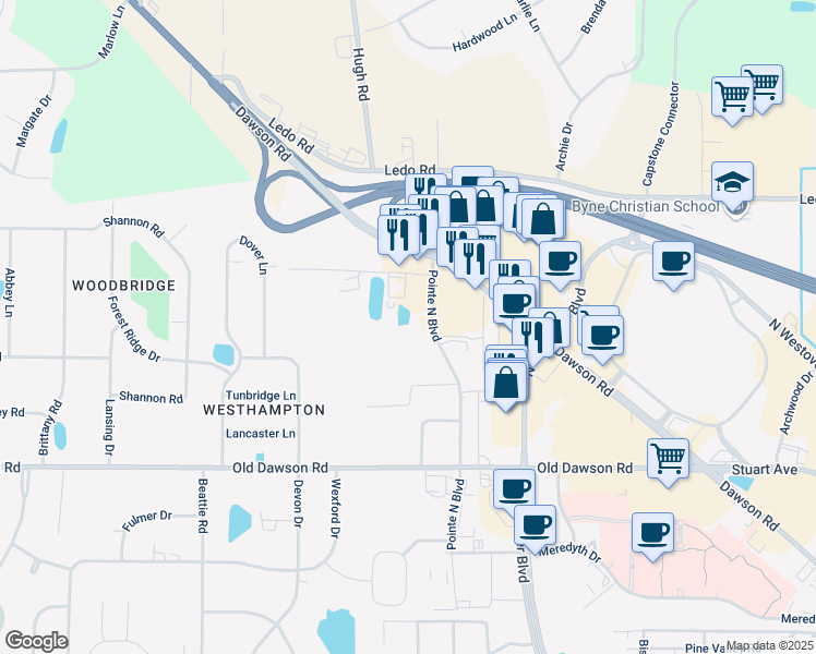 map of restaurants, bars, coffee shops, grocery stores, and more near 2707 Pointe North Boulevard in Albany