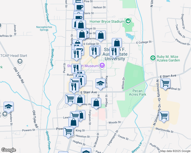 map of restaurants, bars, coffee shops, grocery stores, and more near Griffith Blvd in Nacogdoches