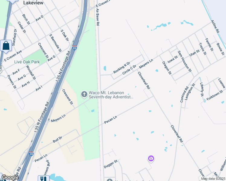 map of restaurants, bars, coffee shops, grocery stores, and more near 4409 Meyers Lane in Waco