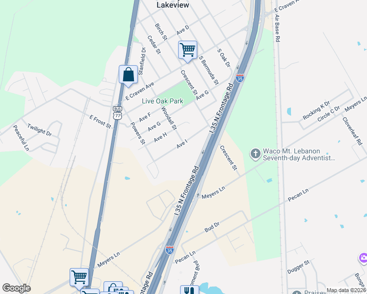 map of restaurants, bars, coffee shops, grocery stores, and more near 515 Woodall Street in Waco