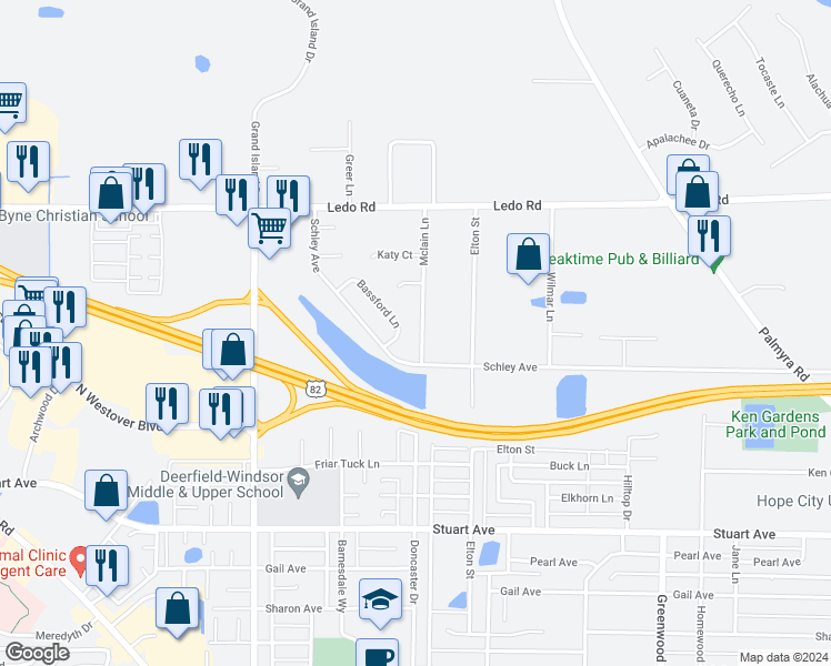 map of restaurants, bars, coffee shops, grocery stores, and more near 2723 Mclain Lane in Albany