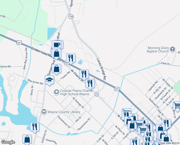 map of restaurants, bars, coffee shops, grocery stores, and more near 220-328 Lanes Bridge Road in Jesup