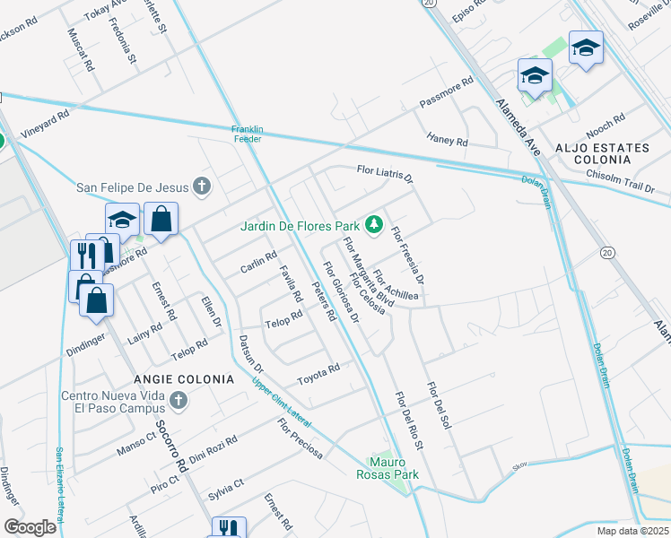 map of restaurants, bars, coffee shops, grocery stores, and more near 11537 Flor Gloriosa in Socorro