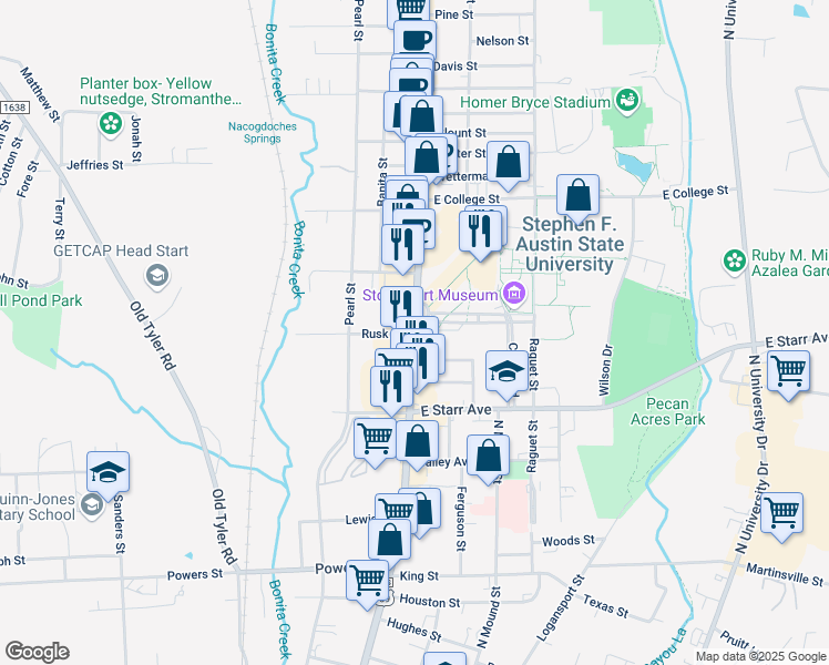 map of restaurants, bars, coffee shops, grocery stores, and more near 1801 North Street in Nacogdoches