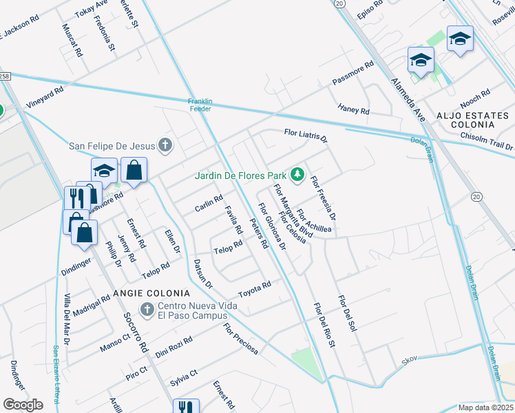 map of restaurants, bars, coffee shops, grocery stores, and more near 11537 Flor Gloriosa in Socorro