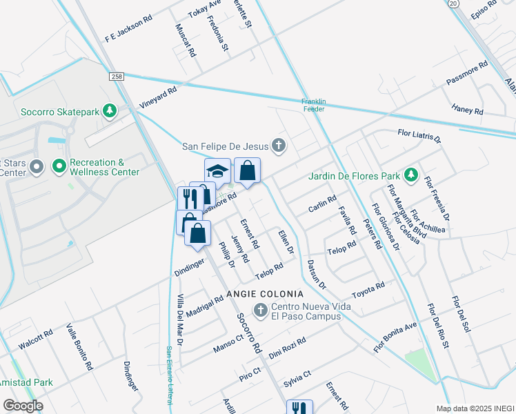 map of restaurants, bars, coffee shops, grocery stores, and more near 470 Suzi Way in Socorro