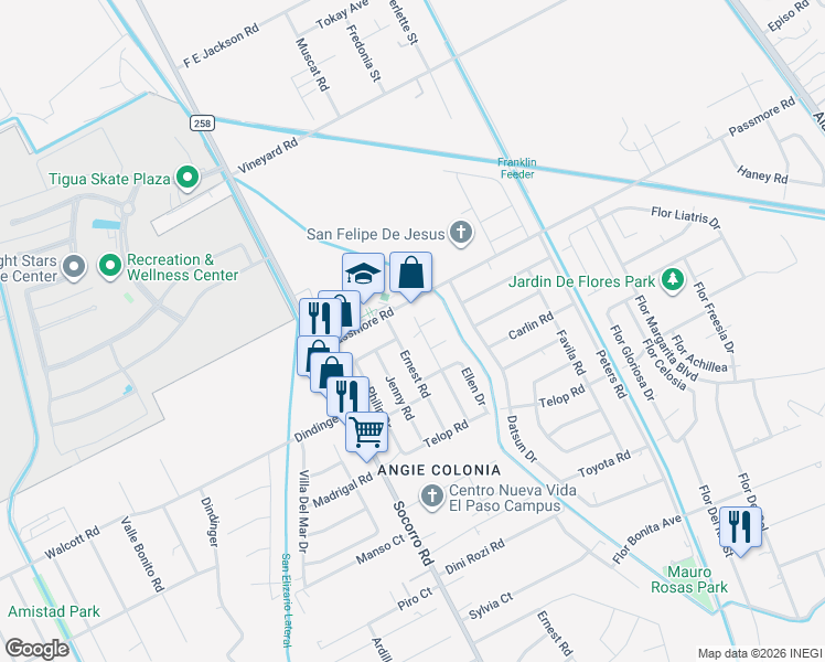 map of restaurants, bars, coffee shops, grocery stores, and more near 470 Suzi Way in Socorro