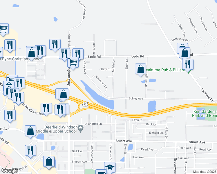 map of restaurants, bars, coffee shops, grocery stores, and more near 2411 Bassford Lane in Albany