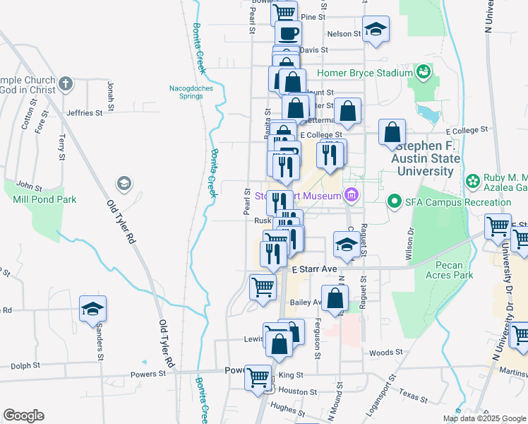 map of restaurants, bars, coffee shops, grocery stores, and more near 126 Rusk Street in Nacogdoches