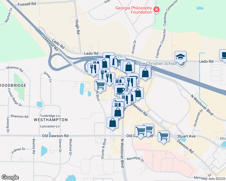 map of restaurants, bars, coffee shops, grocery stores, and more near 2716 Dawson Road in Albany