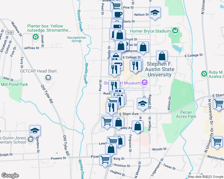 map of restaurants, bars, coffee shops, grocery stores, and more near 1801 North Street in Nacogdoches