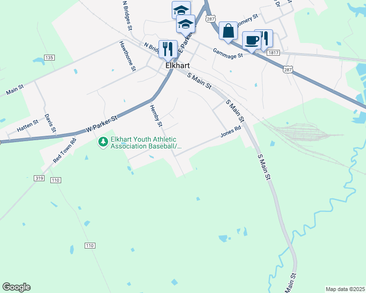 map of restaurants, bars, coffee shops, grocery stores, and more near 101-207 Jones Road in Elkhart
