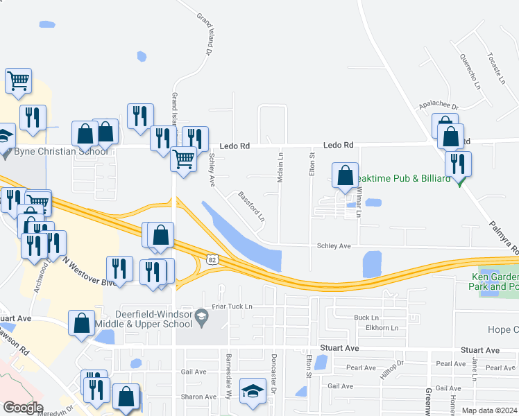 map of restaurants, bars, coffee shops, grocery stores, and more near 2421 Bassford Lane in Albany