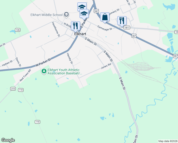 map of restaurants, bars, coffee shops, grocery stores, and more near 206 Jones Road in Elkhart