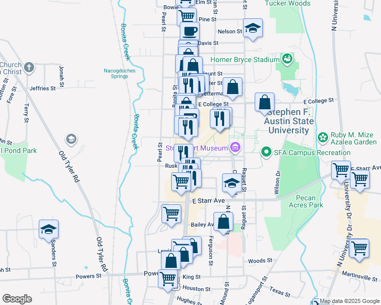 map of restaurants, bars, coffee shops, grocery stores, and more near 1821 North Street in Nacogdoches