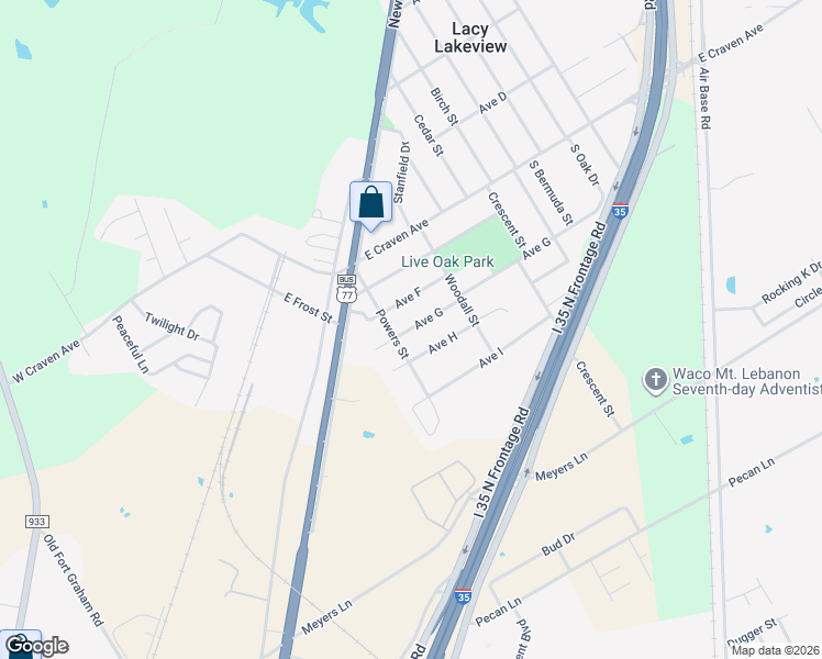 map of restaurants, bars, coffee shops, grocery stores, and more near 223 Ave G in Waco