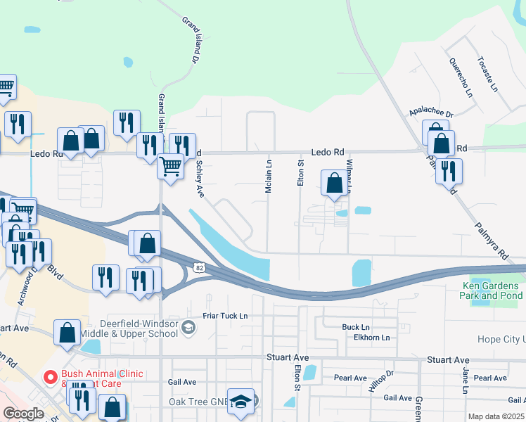 map of restaurants, bars, coffee shops, grocery stores, and more near 2749 Mclain Lane in Albany