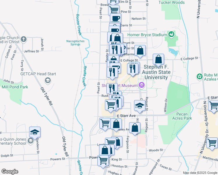 map of restaurants, bars, coffee shops, grocery stores, and more near 1821 North Street in Nacogdoches