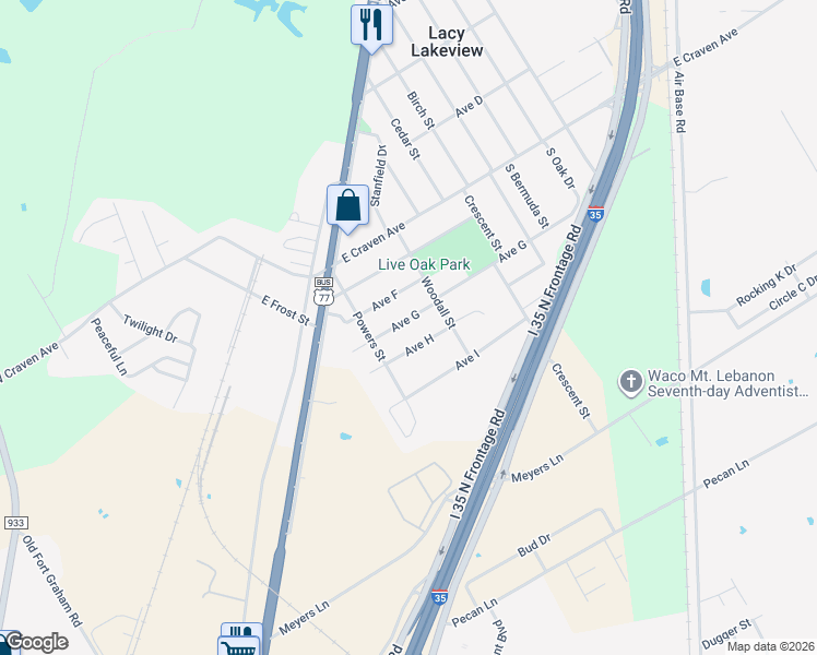 map of restaurants, bars, coffee shops, grocery stores, and more near 223 Avenue G in Waco