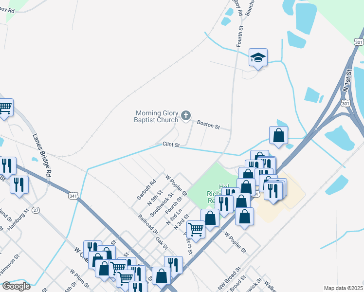map of restaurants, bars, coffee shops, grocery stores, and more near 226 Clint Street in Jesup