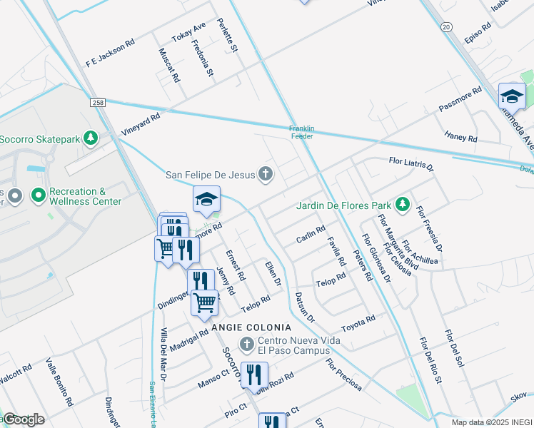 map of restaurants, bars, coffee shops, grocery stores, and more near 413 Panahi Road in Socorro