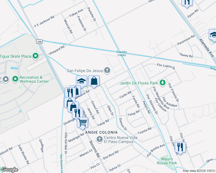 map of restaurants, bars, coffee shops, grocery stores, and more near 413 Panahi Road in Socorro