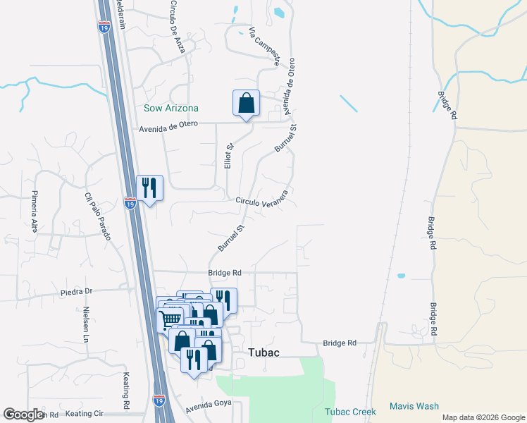map of restaurants, bars, coffee shops, grocery stores, and more near 63 Almendras Court in Tubac
