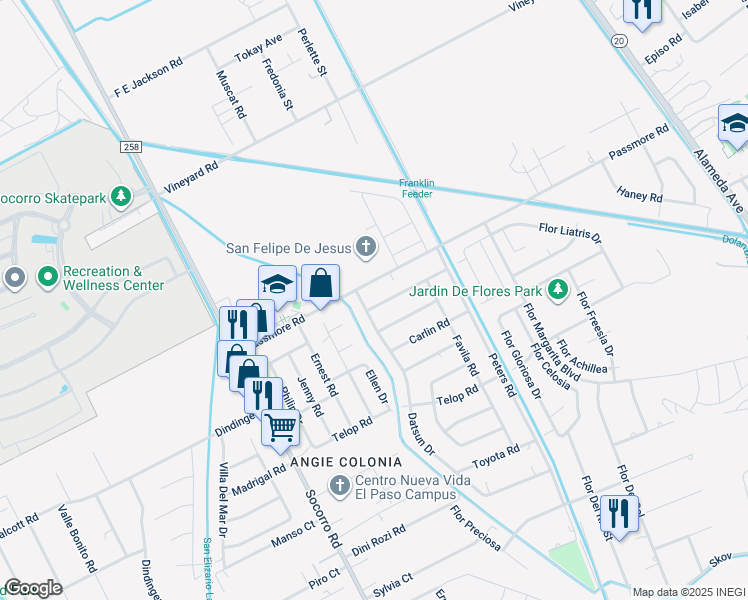 map of restaurants, bars, coffee shops, grocery stores, and more near 413 Panahi Road in Socorro
